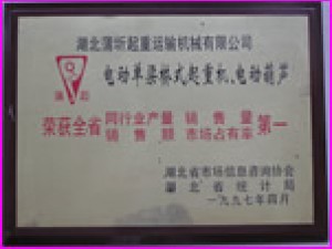1997年全省起重機(jī)械設(shè)備銷量第一榮譽(yù)。